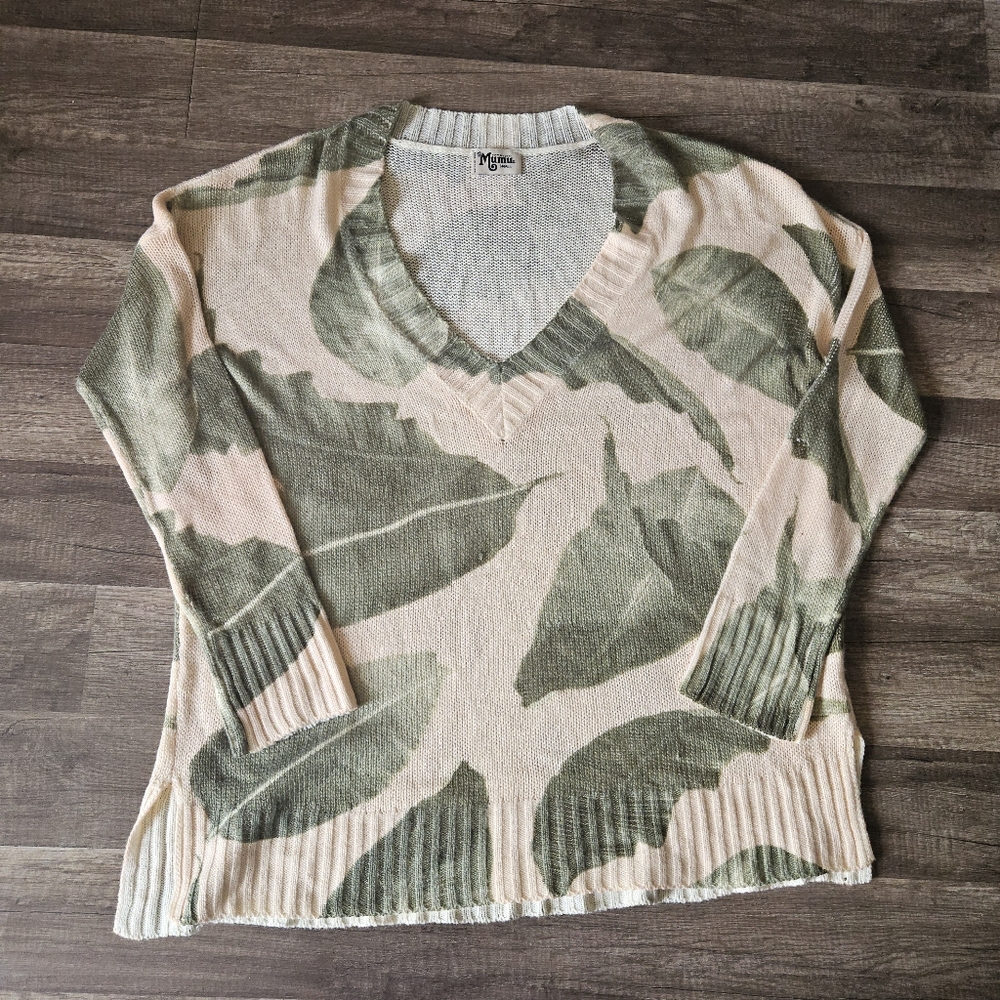 Show Me Your Mumu Green and Cream Leaf Pattern Sweater